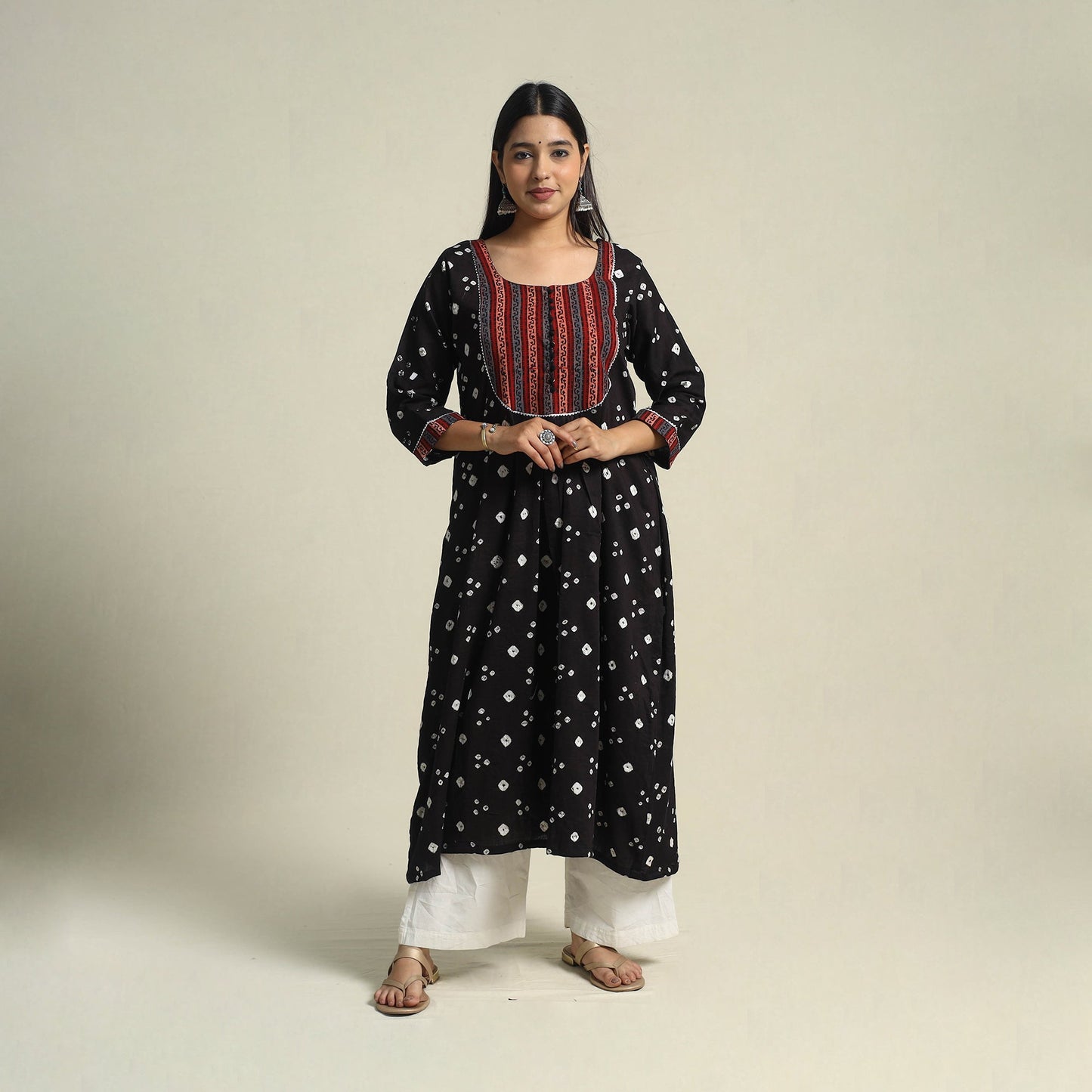 Black Tie-dye Cotton Patchwork A-Line Bandhani Kurta for Women
