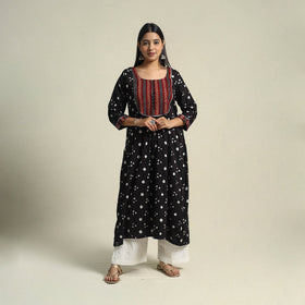 Black Tie-dye Cotton Patchwork A-Line Bandhani Kurta for Women