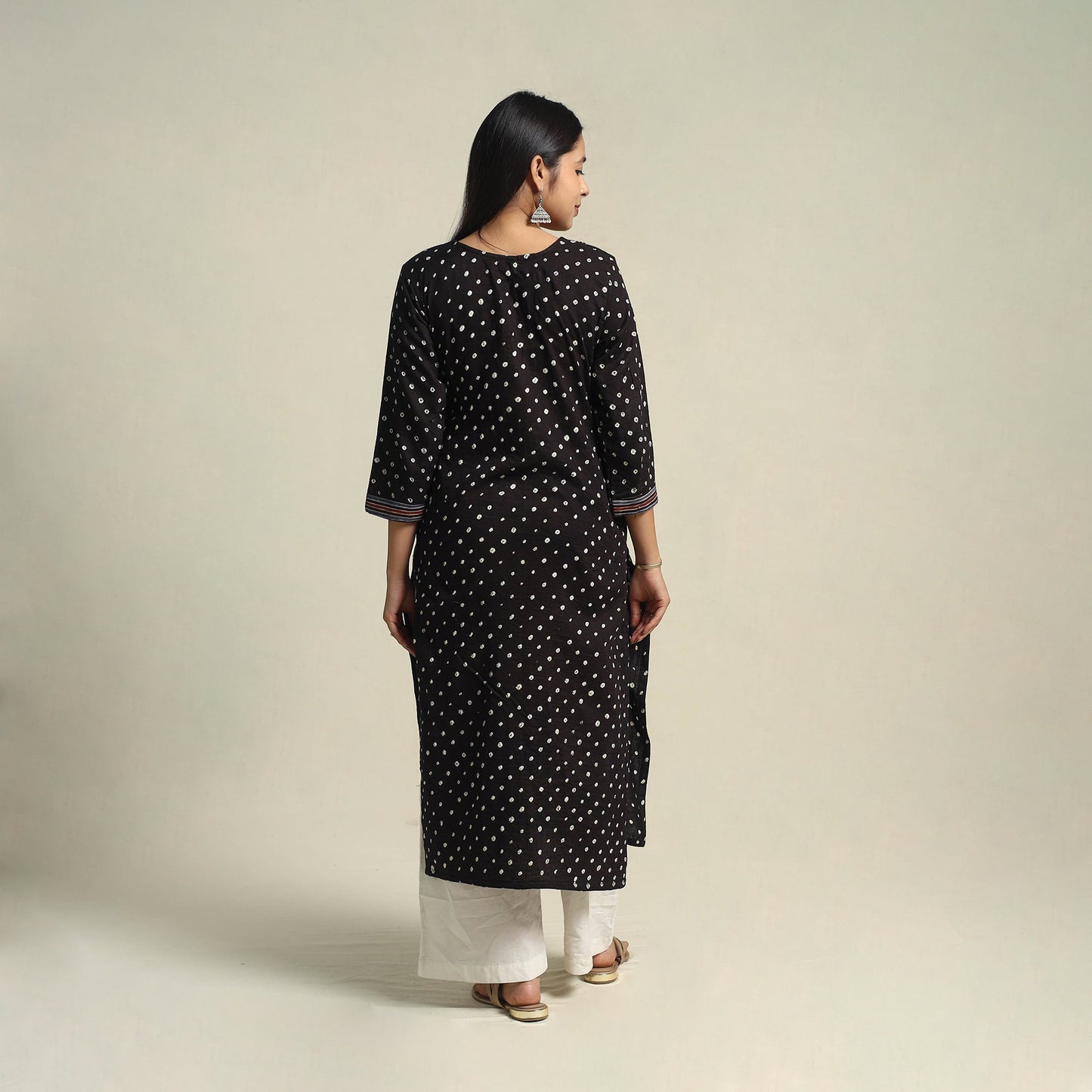 Black Tie-dye Cotton Patchwork Straight Bandhani Kurta for Women