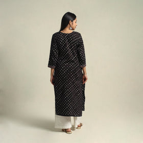 Black Tie-dye Cotton Patchwork Straight Bandhani Kurta for Women