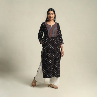 Black Tie-dye Cotton Patchwork Straight Bandhani Kurta for Women