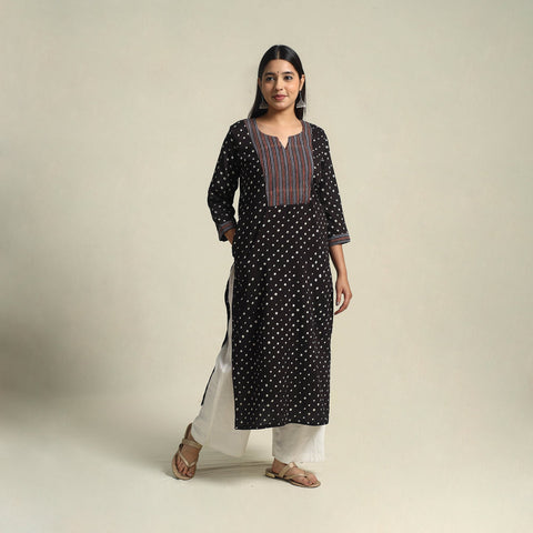Black Tie-dye Cotton Patchwork Straight Bandhani Kurta for Women