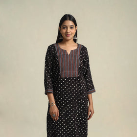 Black Tie-dye Cotton Patchwork Straight Bandhani Kurta for Women