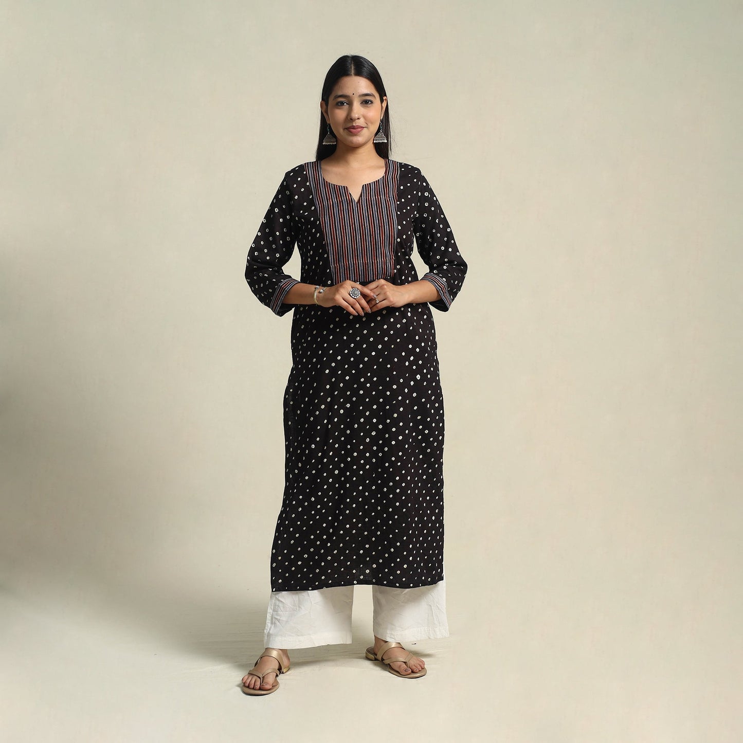 Black Tie-dye Cotton Patchwork Straight Bandhani Kurta for Women