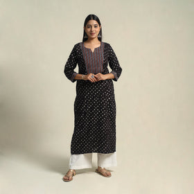 Black Tie-dye Cotton Patchwork Straight Bandhani Kurta for Women