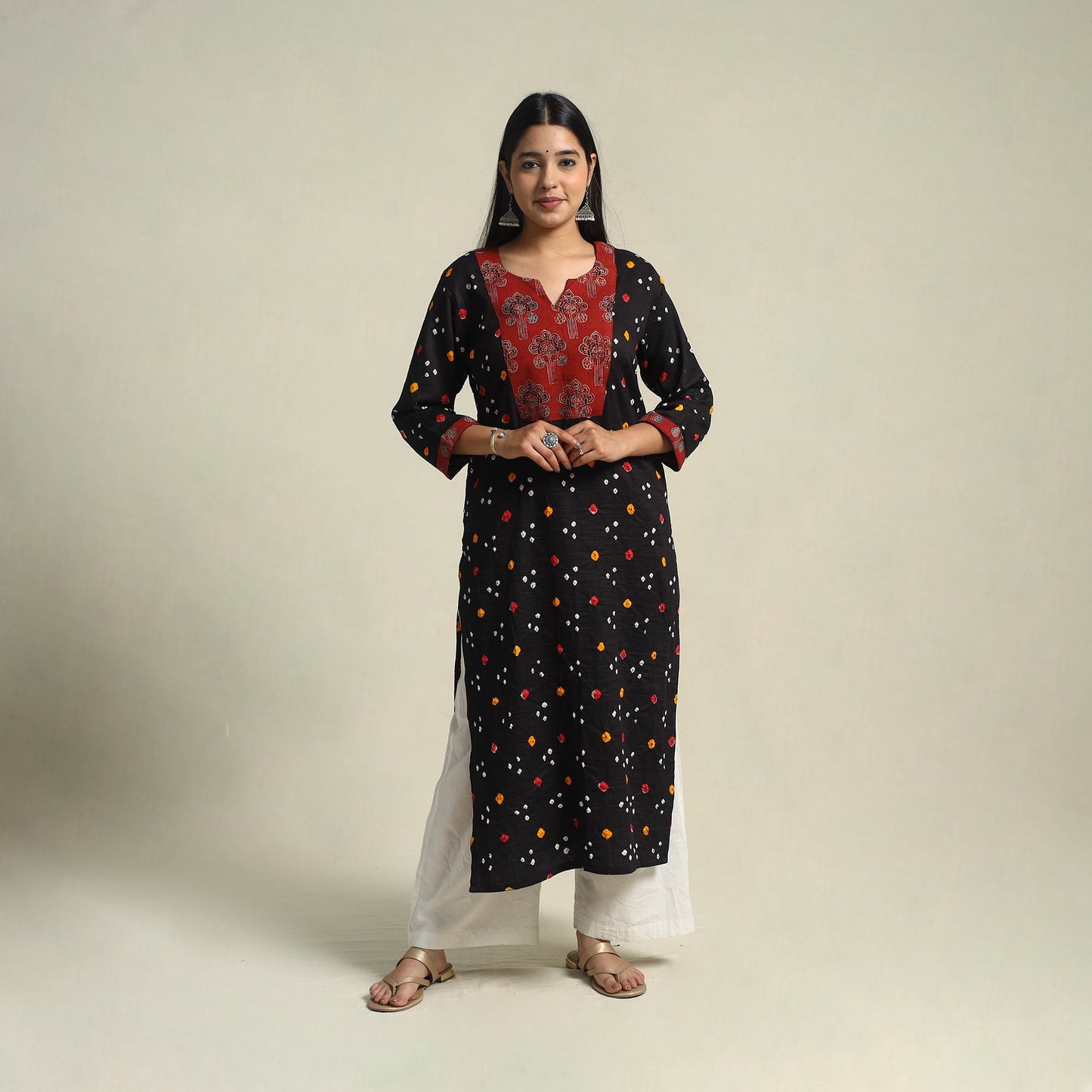 Black Tie-dye Cotton Patchwork Straight Bandhani Kurta for Women