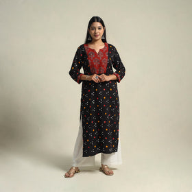 Black Tie-dye Cotton Patchwork Straight Bandhani Kurta for Women