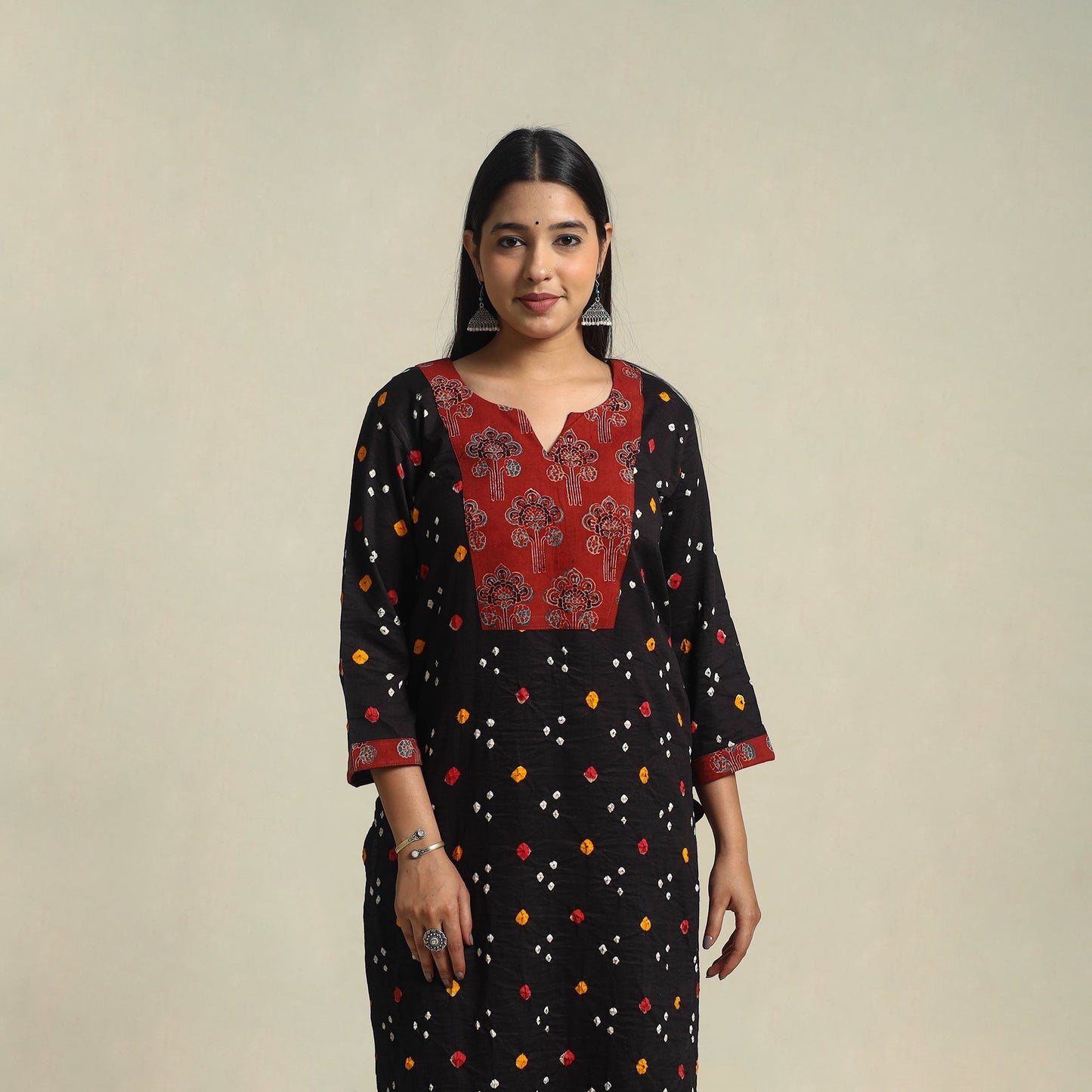 Black Tie-dye Cotton Patchwork Straight Bandhani Kurta for Women