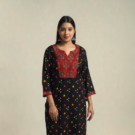 Black Tie-dye Cotton Patchwork Straight Bandhani Kurta for Women
