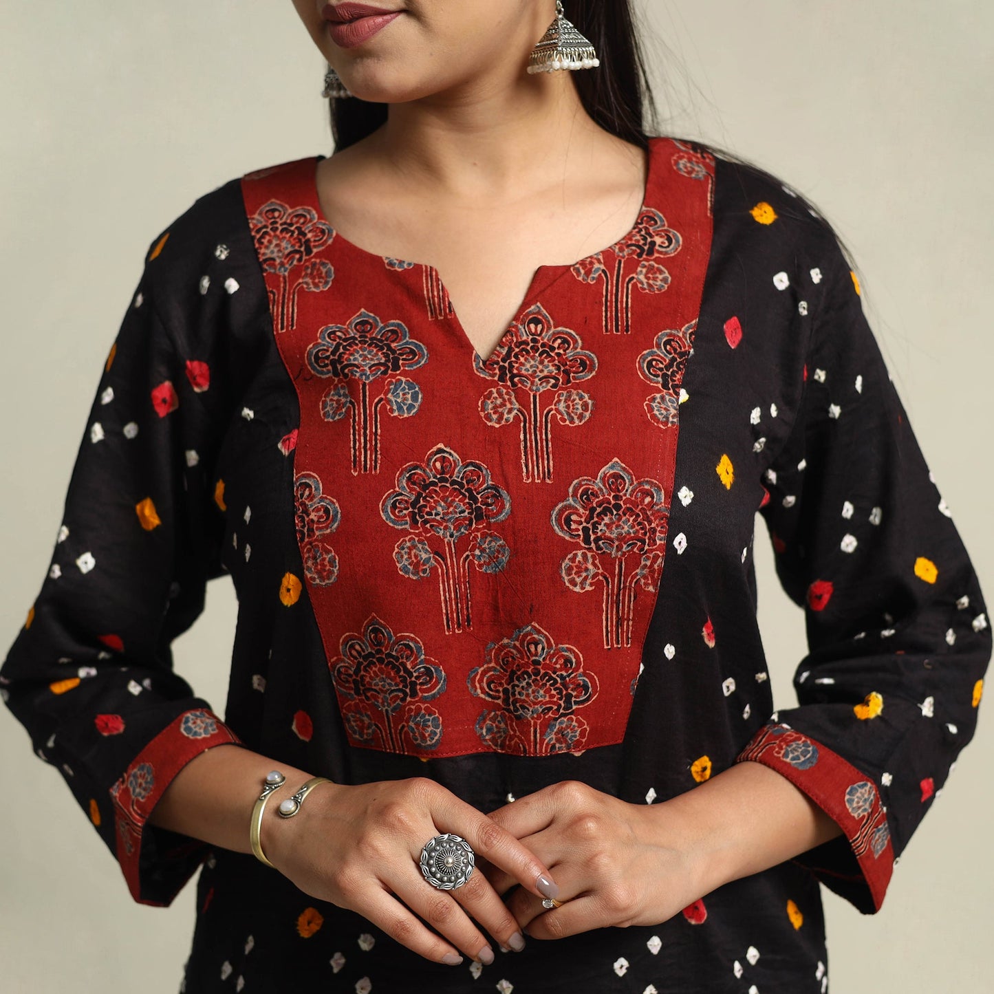 Black Tie-dye Cotton Patchwork Straight Bandhani Kurta for Women