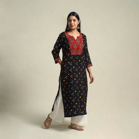 Black Tie-dye Cotton Patchwork Straight Bandhani Kurta for Women