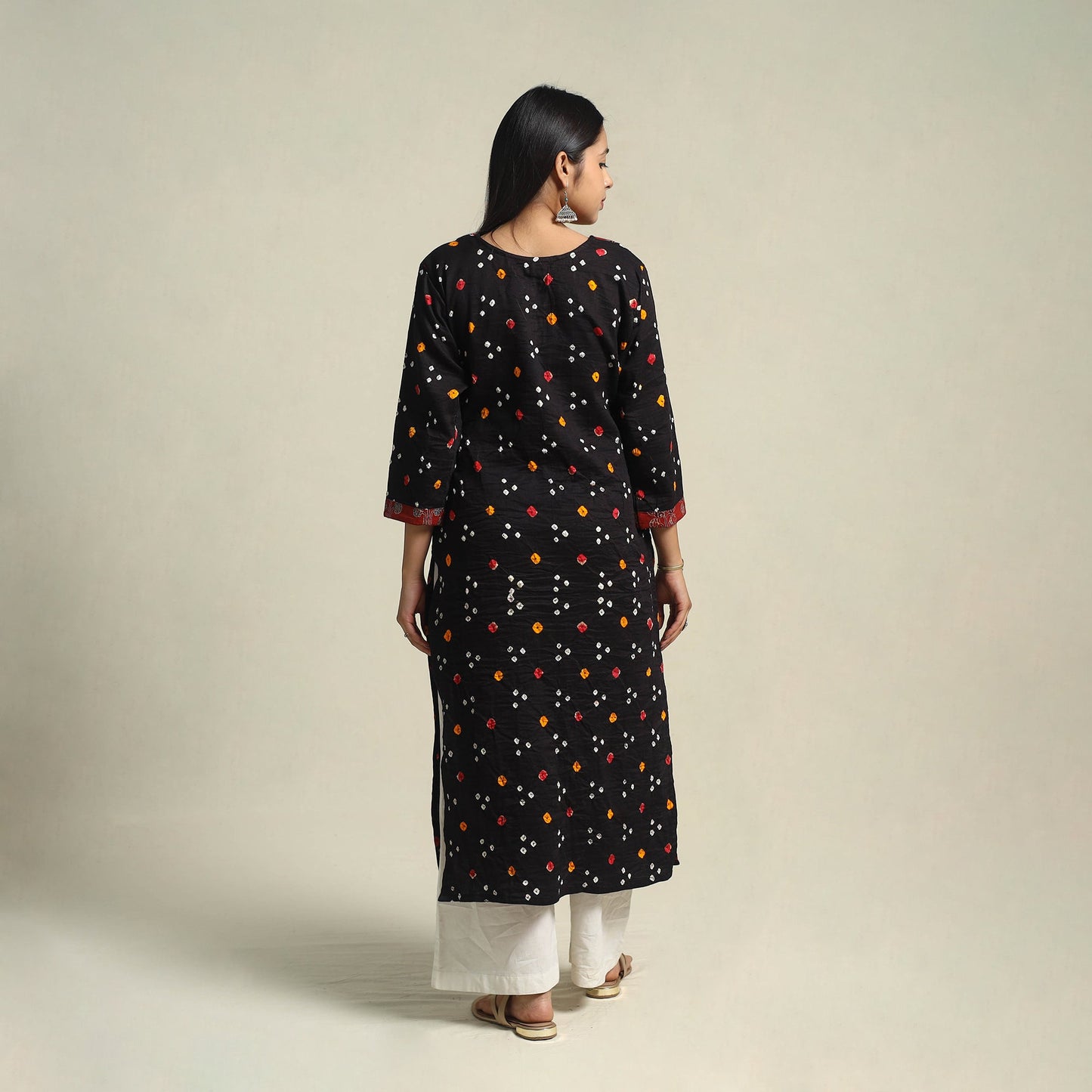 Black Tie-dye Cotton Patchwork Straight Bandhani Kurta for Women