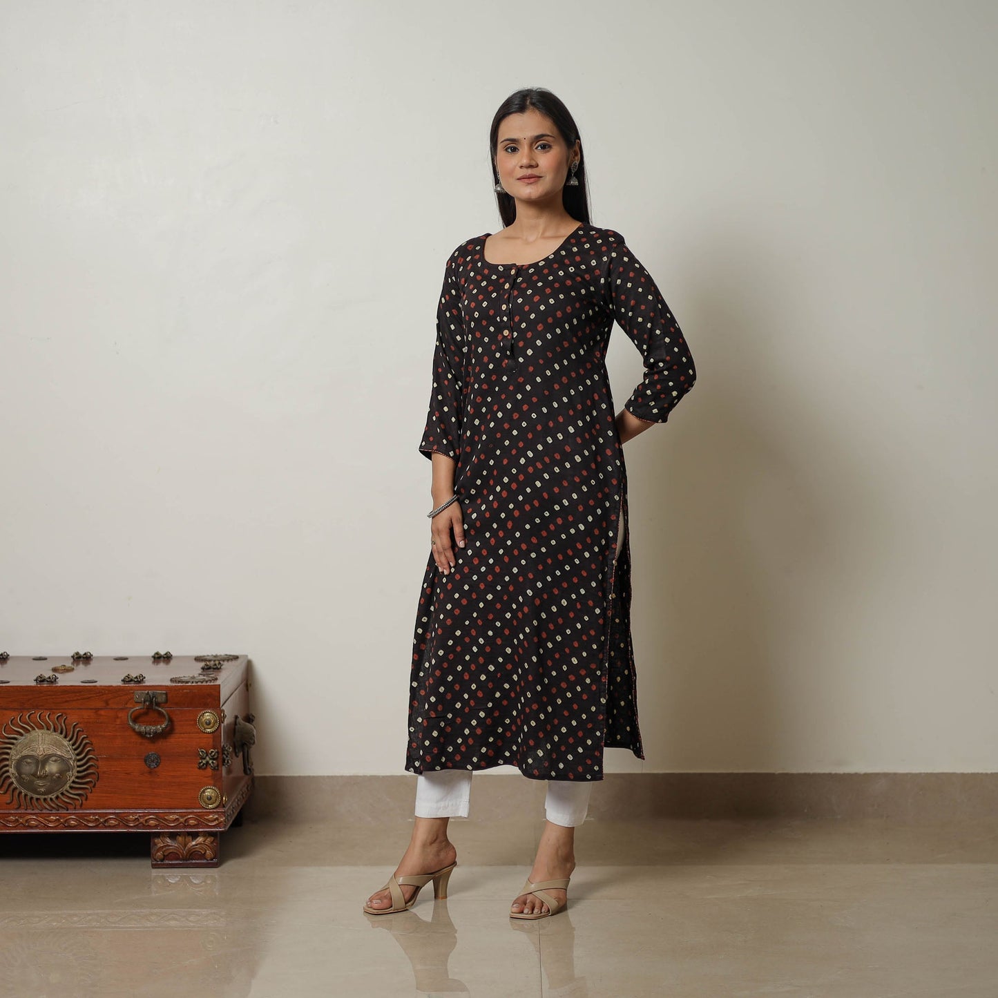 Buy Black Tie & dye Cotton Straight Bandhani Kurta for Women