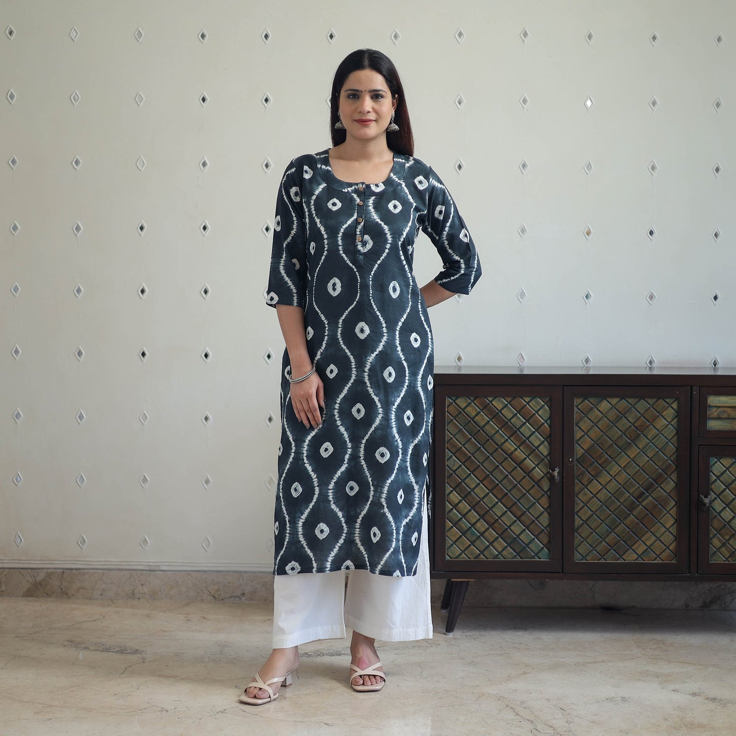  Black Tie & Dye Cotton Straight Shibori Kurta for Women