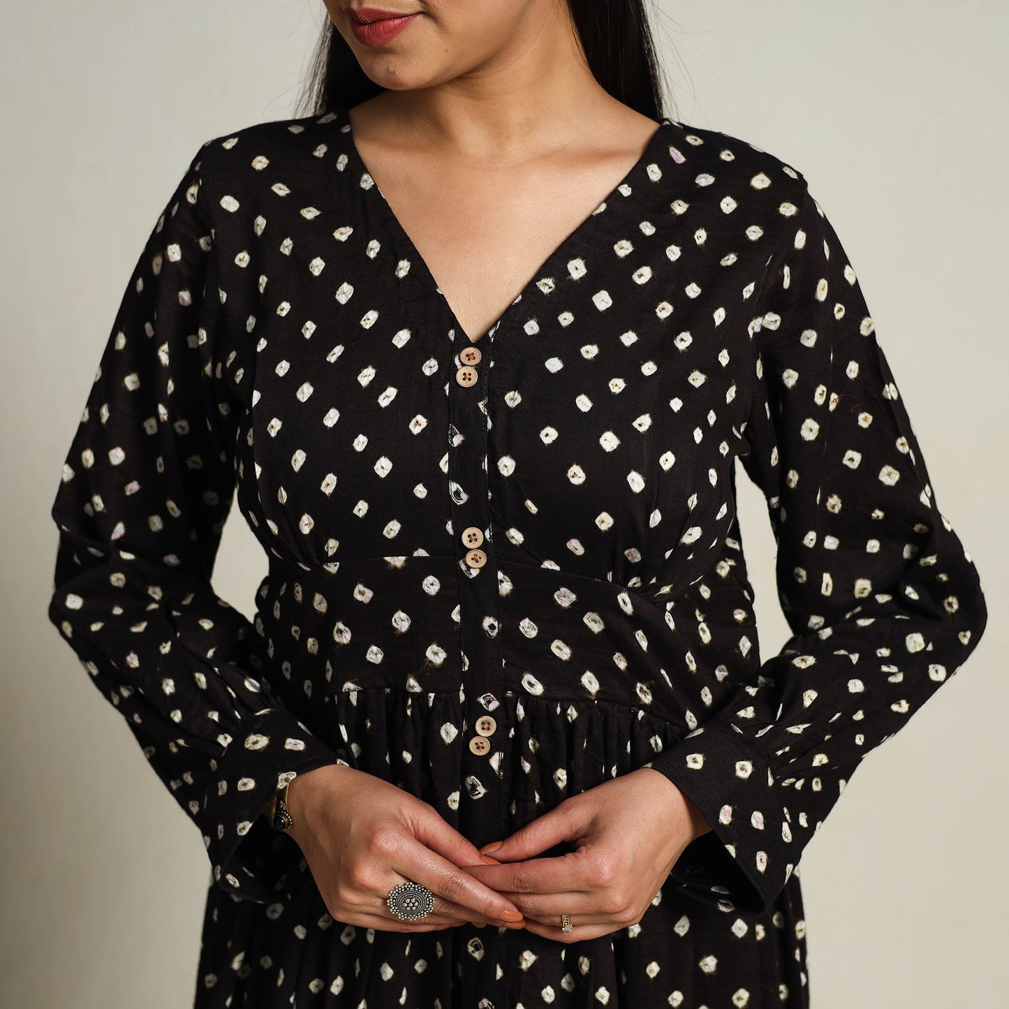 Black - Tie & Dye Cotton Tiered Fit & Flare Bandhani Dress 07