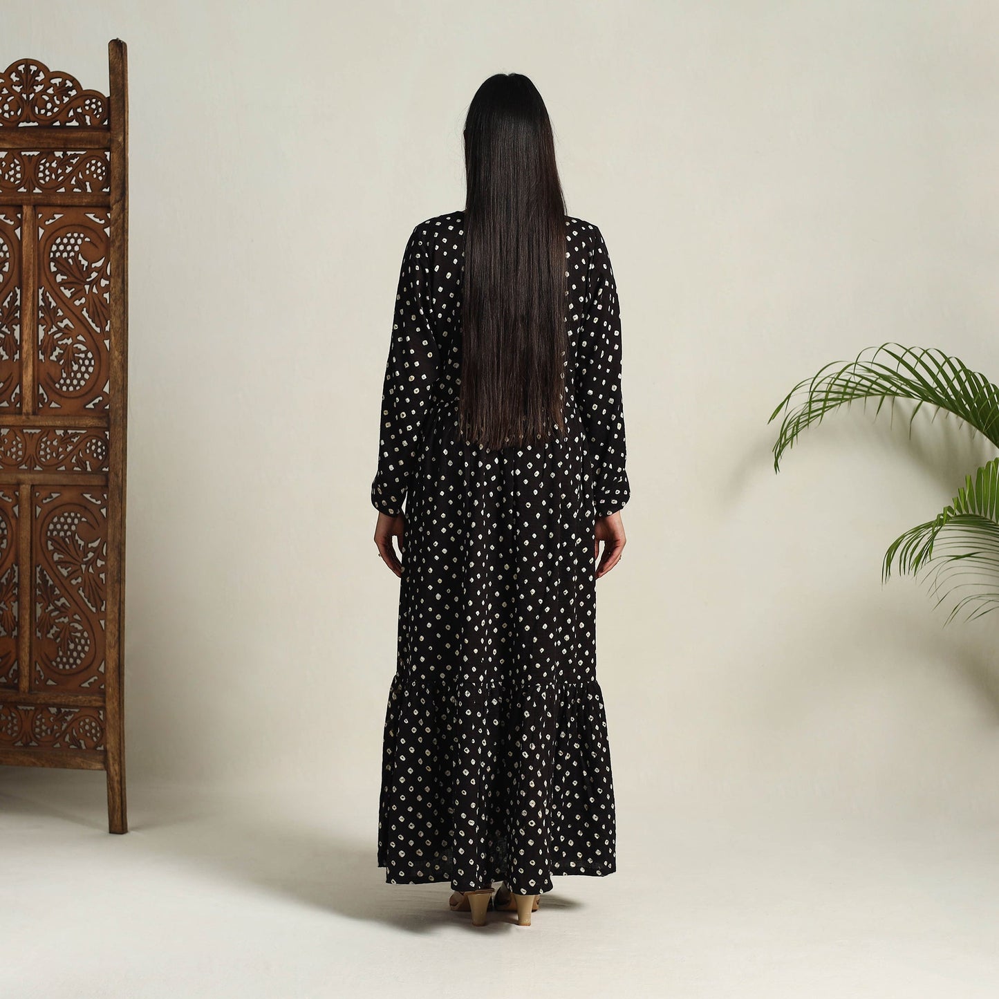 Black - Tie & Dye Cotton Tiered Fit & Flare Bandhani Dress 07