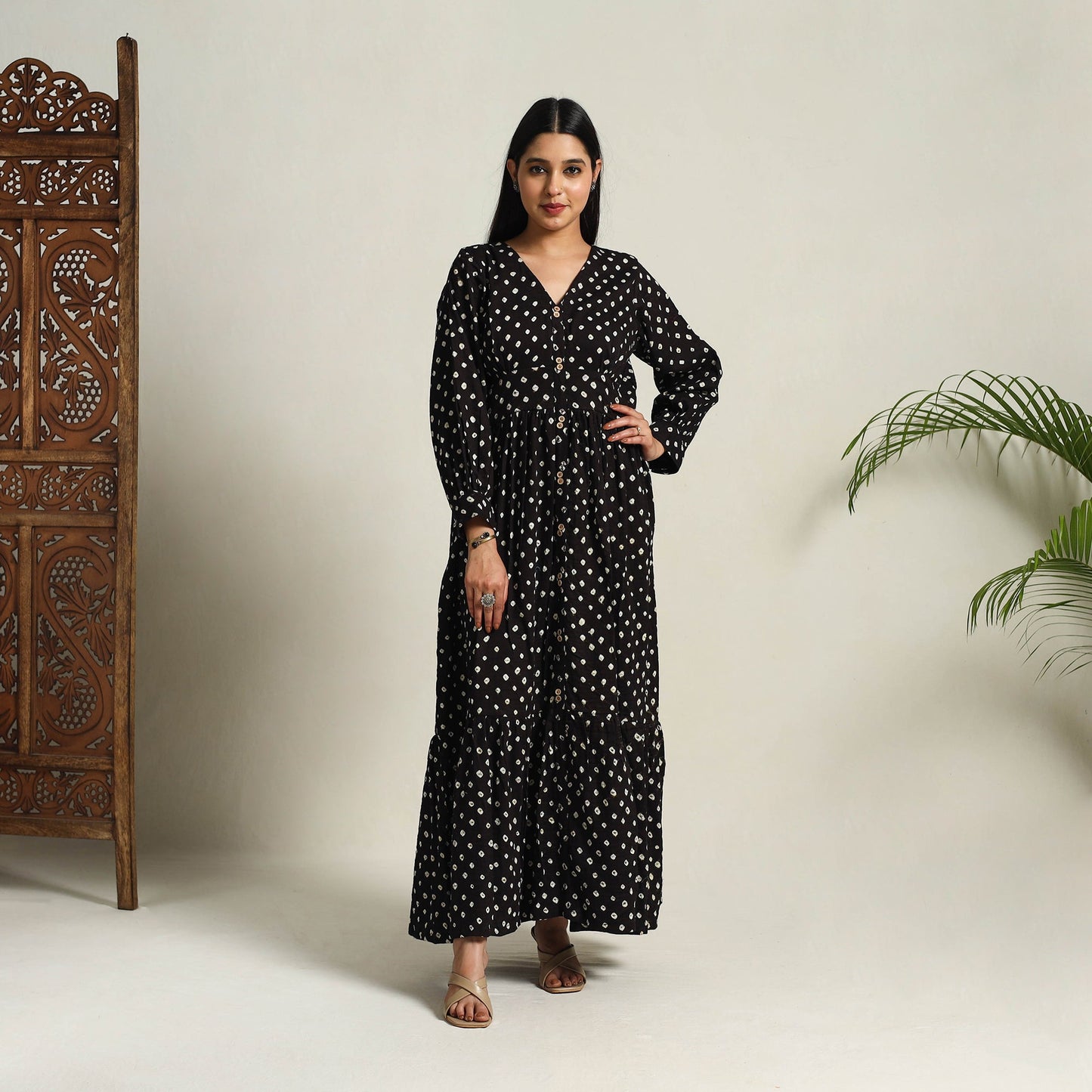 Black - Tie & Dye Cotton Tiered Fit & Flare Bandhani Dress 07