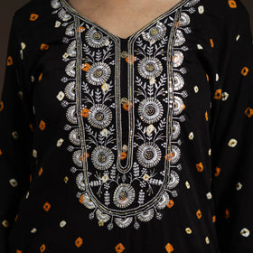 Black - tie-dye embroidered cotton bandhani kurta set (set
