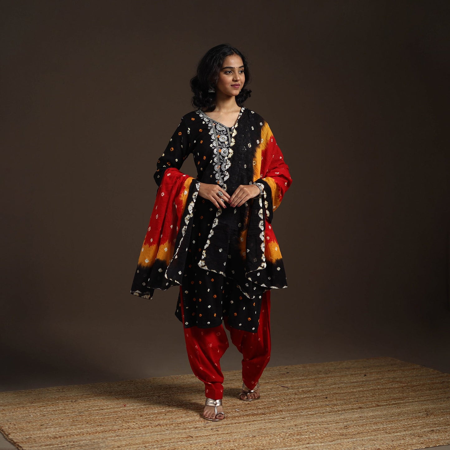 Black - tie-dye embroidered cotton bandhani kurta set (set
