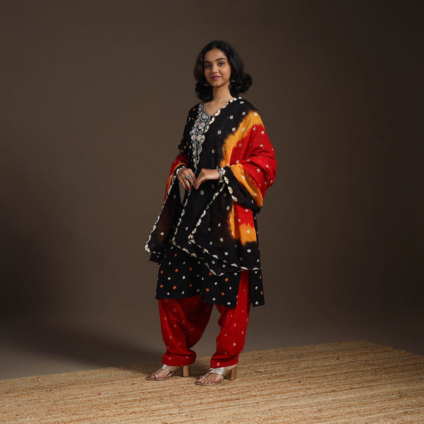 Black - tie-dye embroidered cotton bandhani kurta set (set