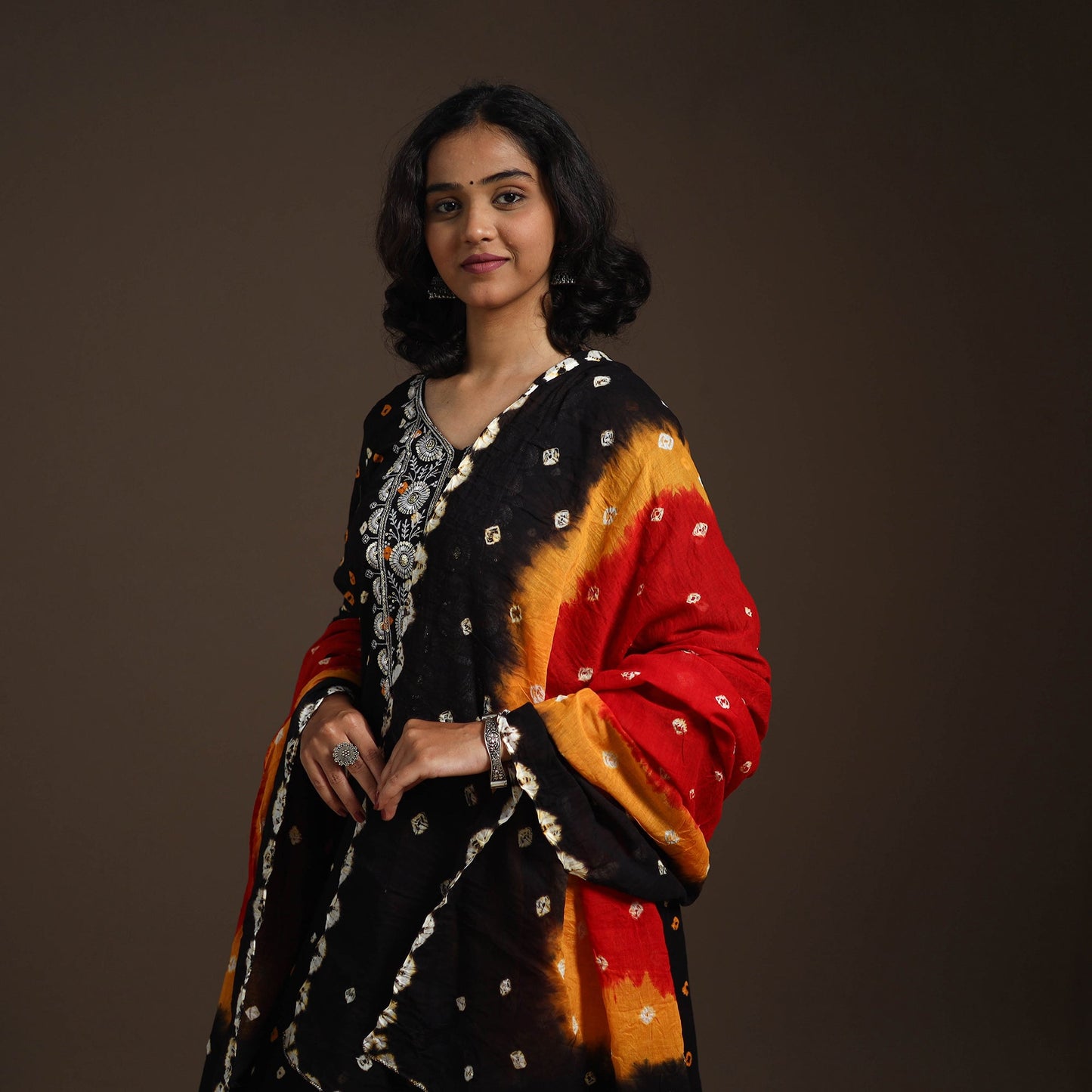 Black - tie-dye embroidered cotton bandhani kurta set (set