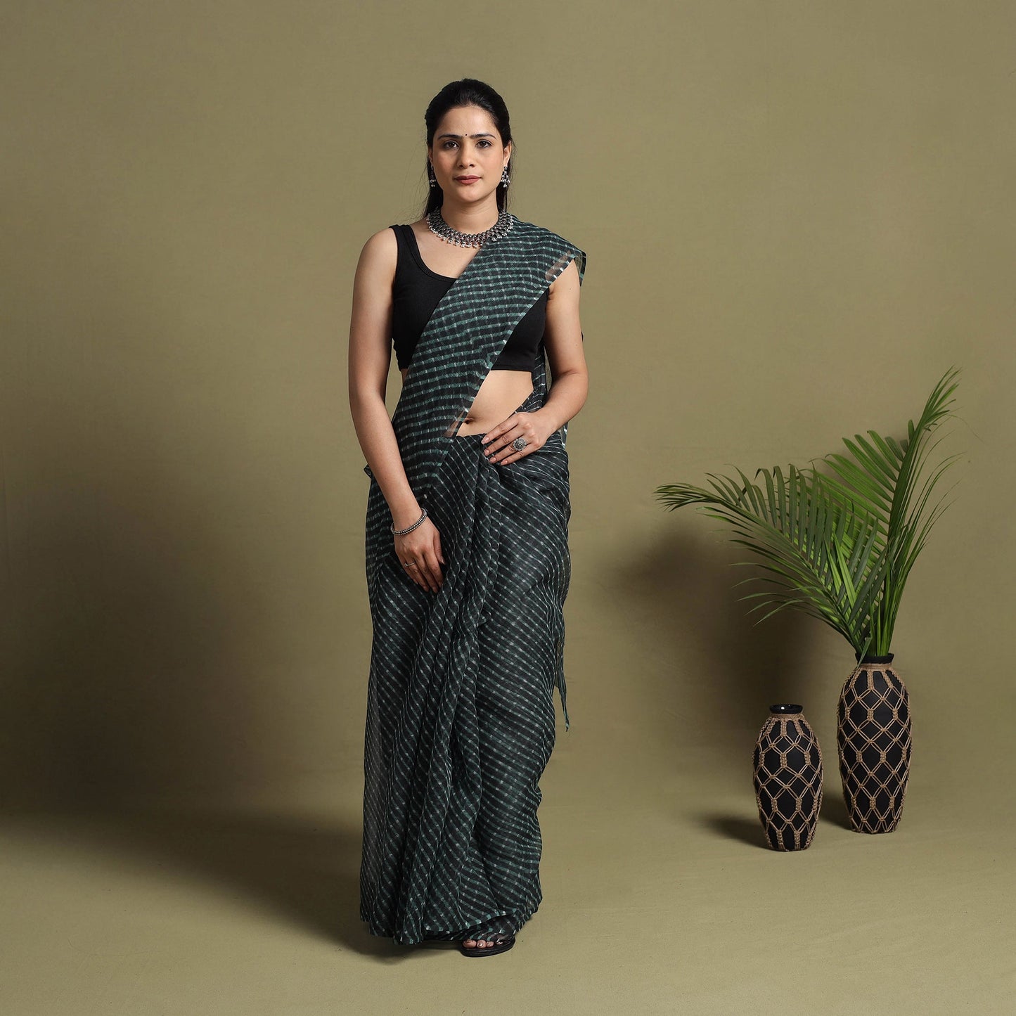 Buy Black Tie-Dye Kota Doria Cotton Leheriya Saree