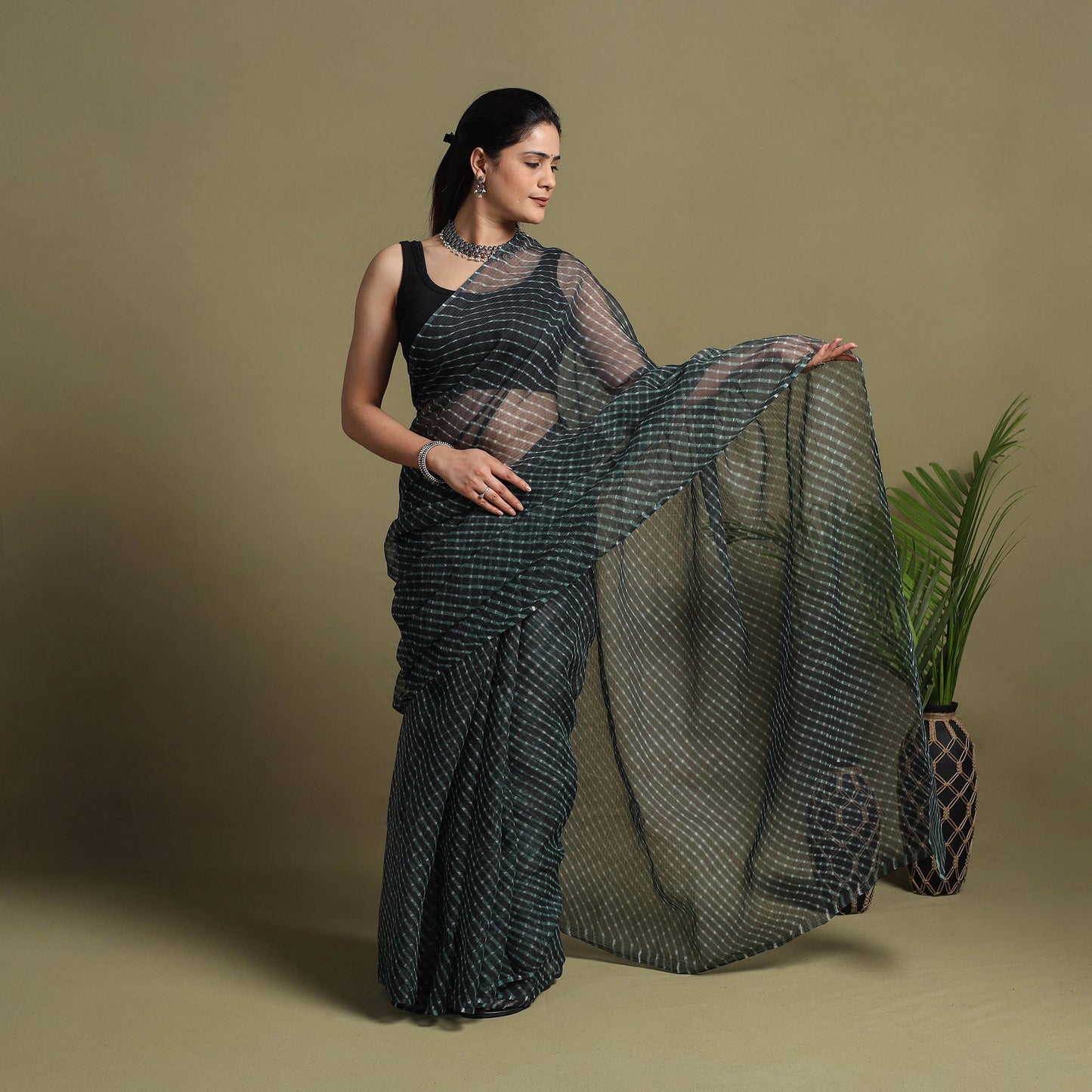 Buy Black Tie-Dye Kota Doria Cotton Leheriya Saree
