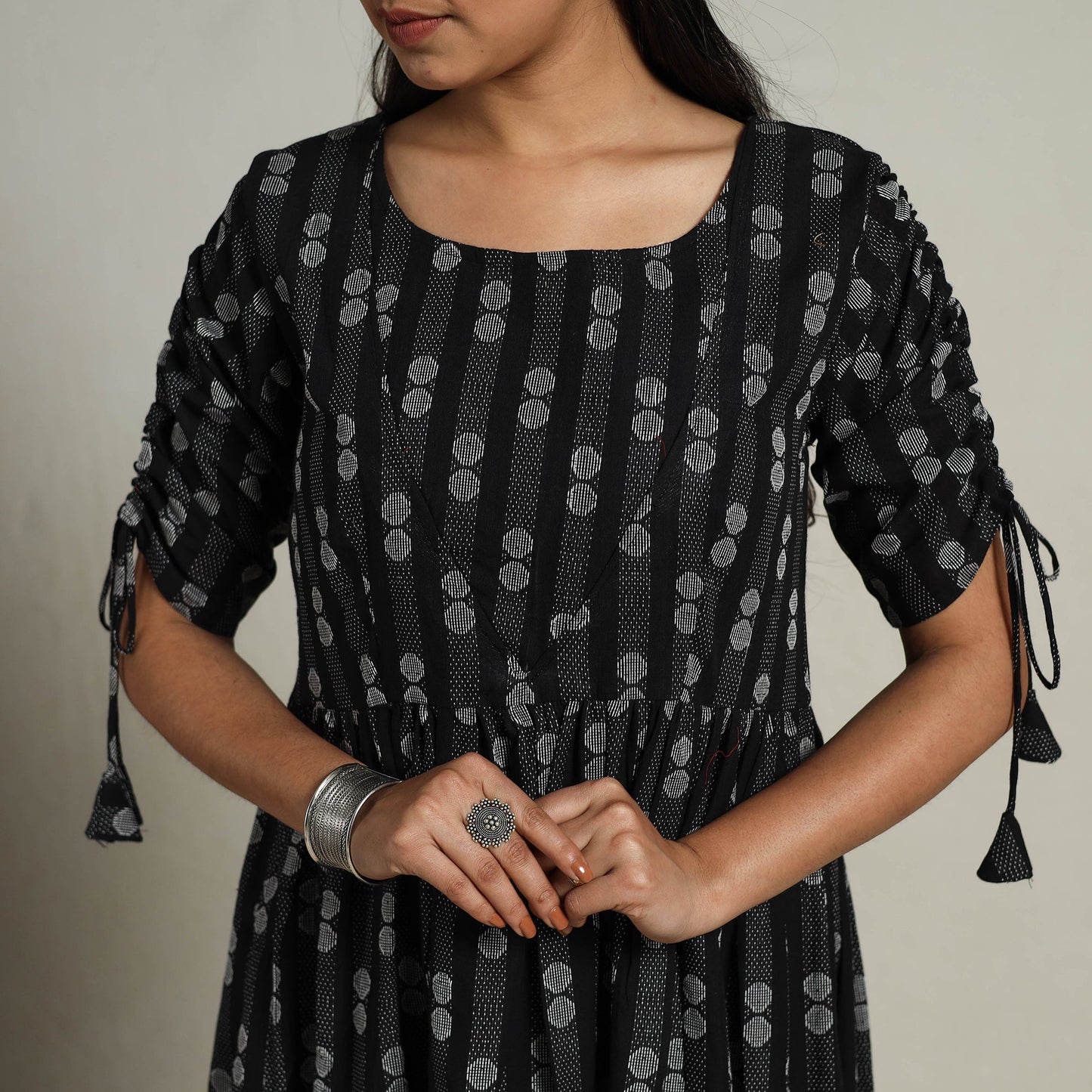  Tiered Fit & Flare Cotton Black Jacquard Dress 