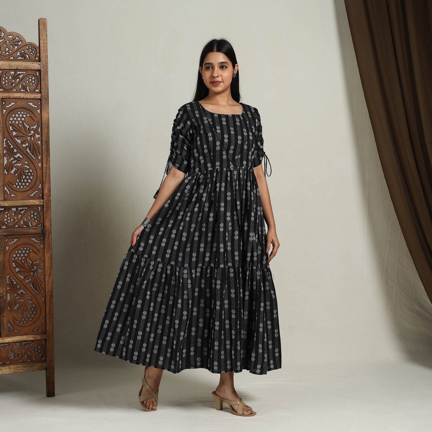  Tiered Fit & Flare Cotton Black Jacquard Dress 