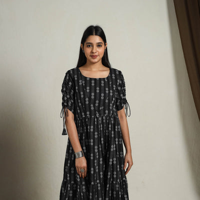  Tiered Fit & Flare Cotton Black Jacquard Dress 