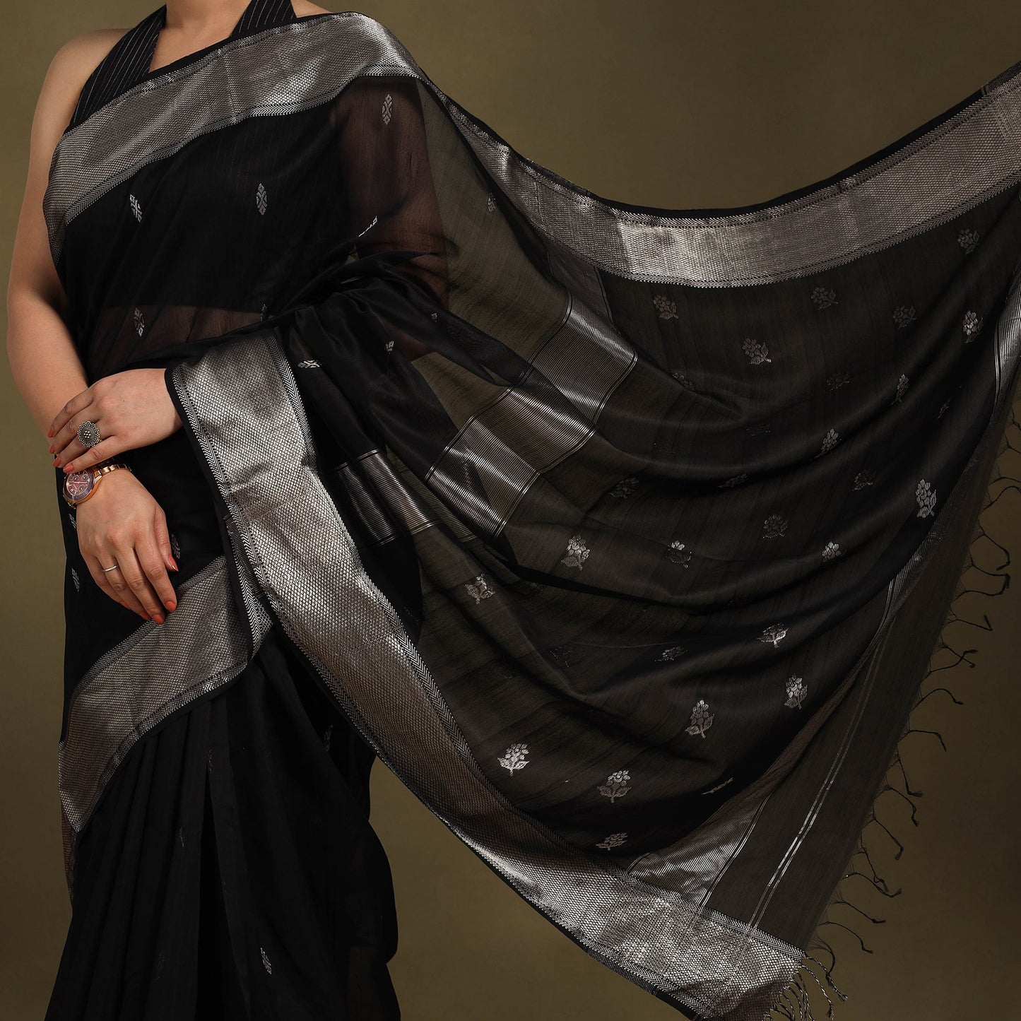 Black - traditional handloom zari buta silk cotton