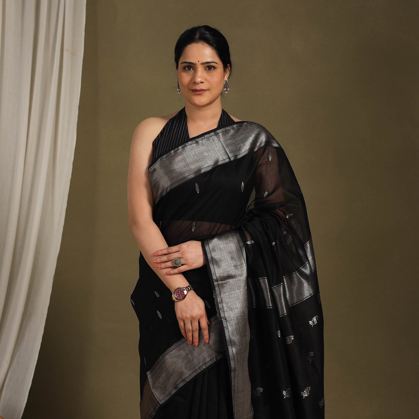 Black - traditional handloom zari buta silk cotton