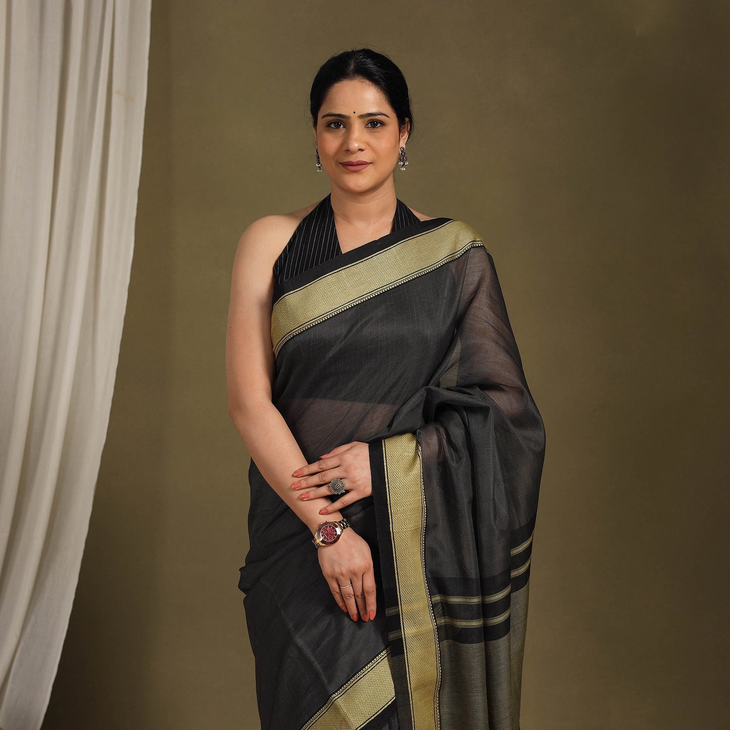 Black - traditional handloom zari work silk maheshwari