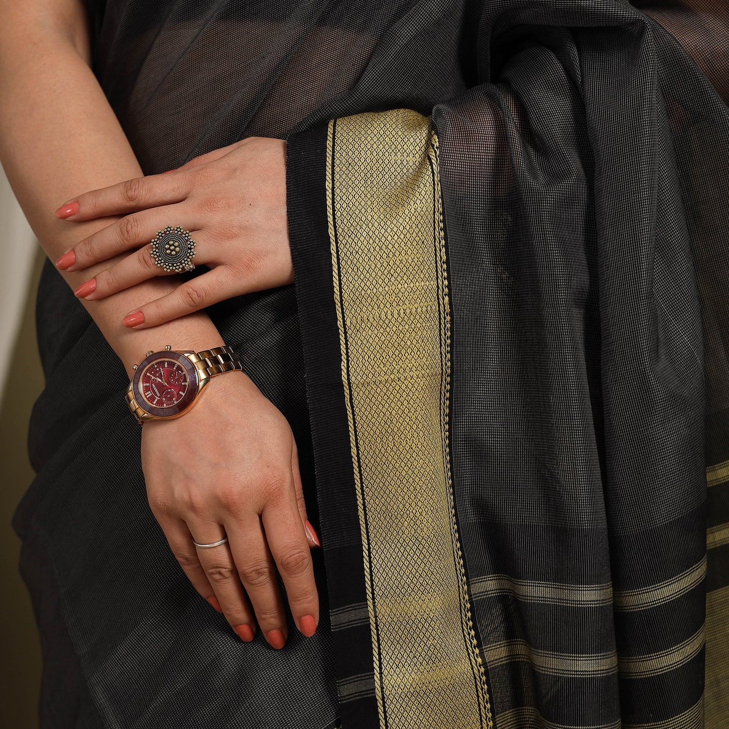 Black - traditional handloom zari work silk maheshwari