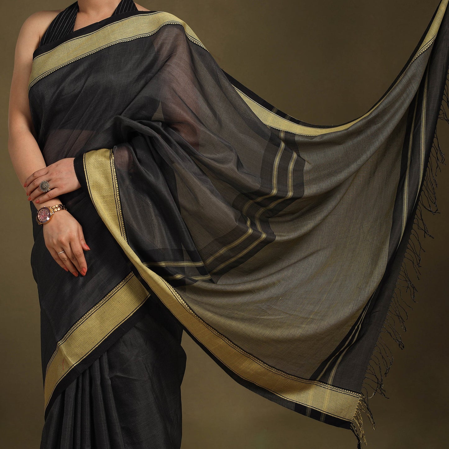 Black - traditional handloom zari work silk maheshwari