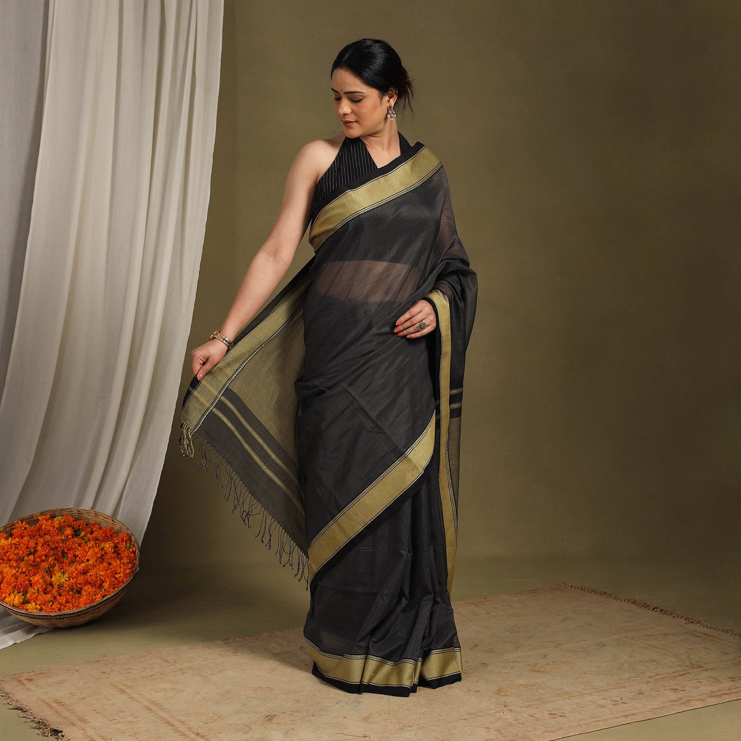 Black - traditional handloom zari work silk maheshwari