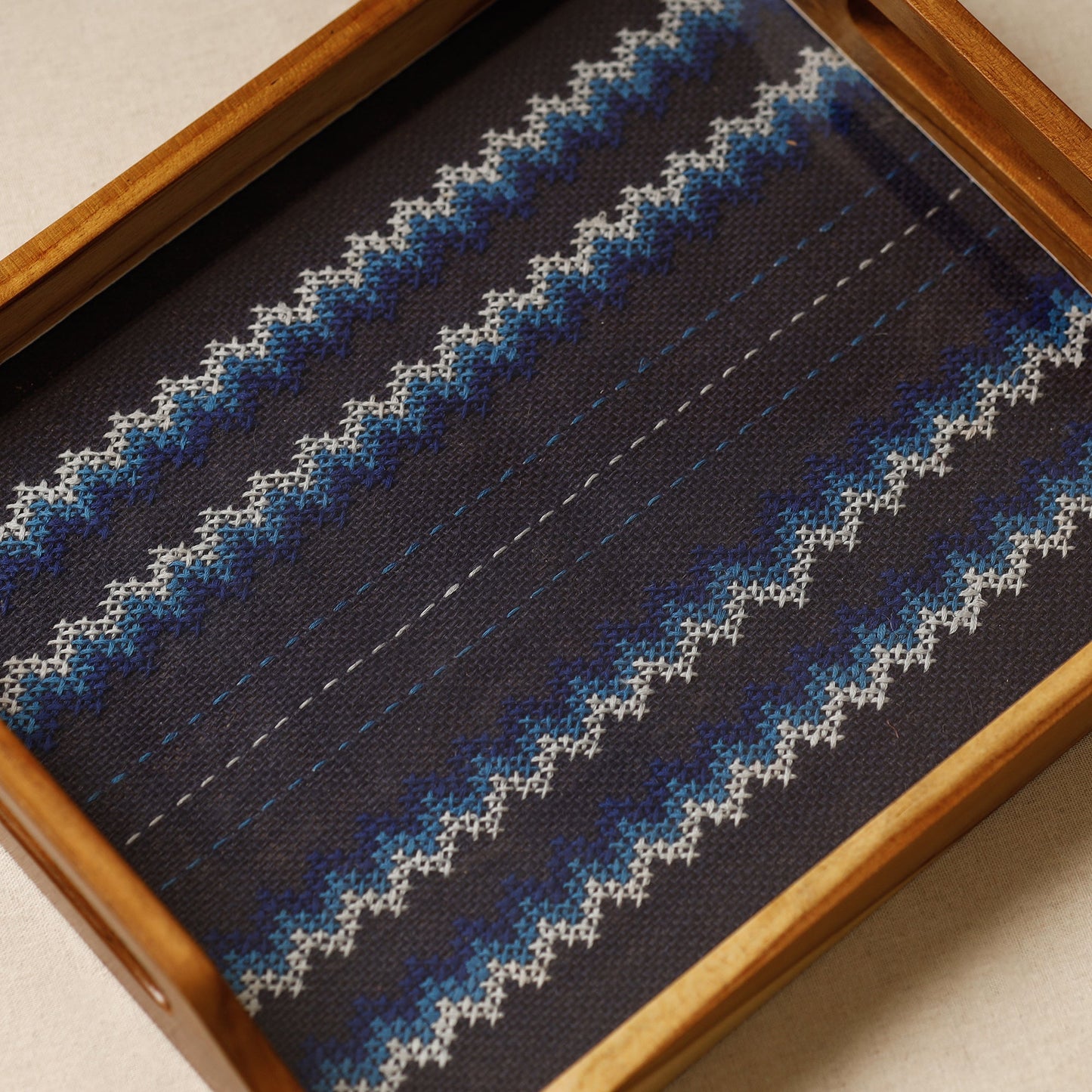 Tribal Hand Embroidered Sagwan Wood Black Tray