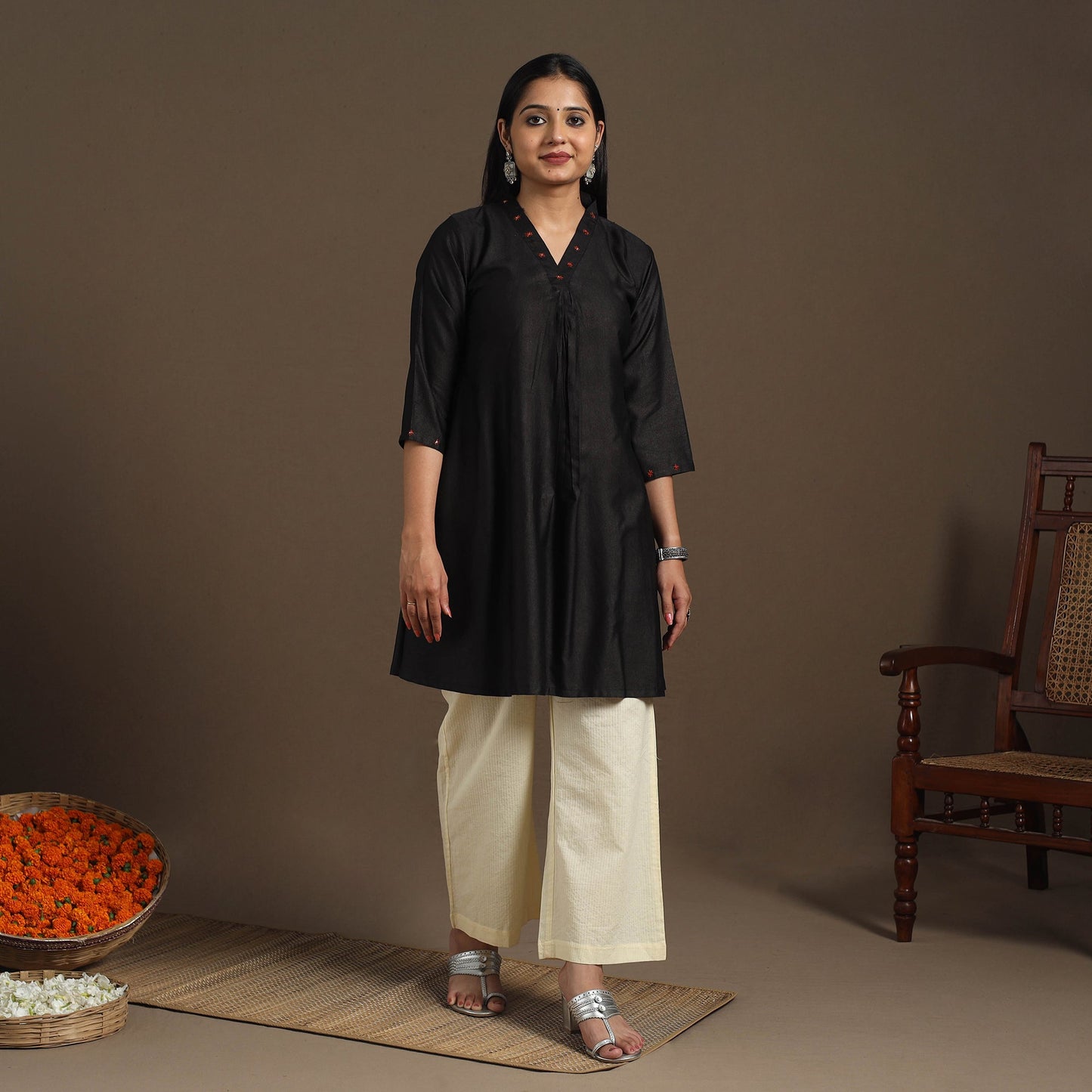 Black Tussar Silk Cotton Kurta with Fine Hand Embroidery