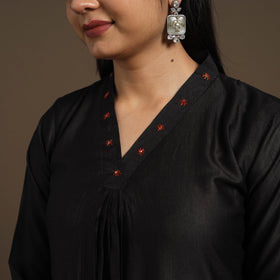 Black Tussar Silk Cotton Kurta with Fine Hand Embroidery