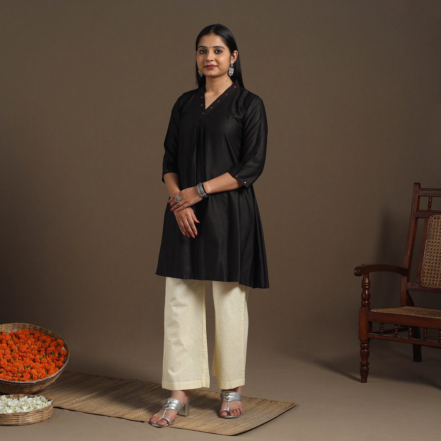 Black Tussar Silk Cotton Kurta with Fine Hand Embroidery