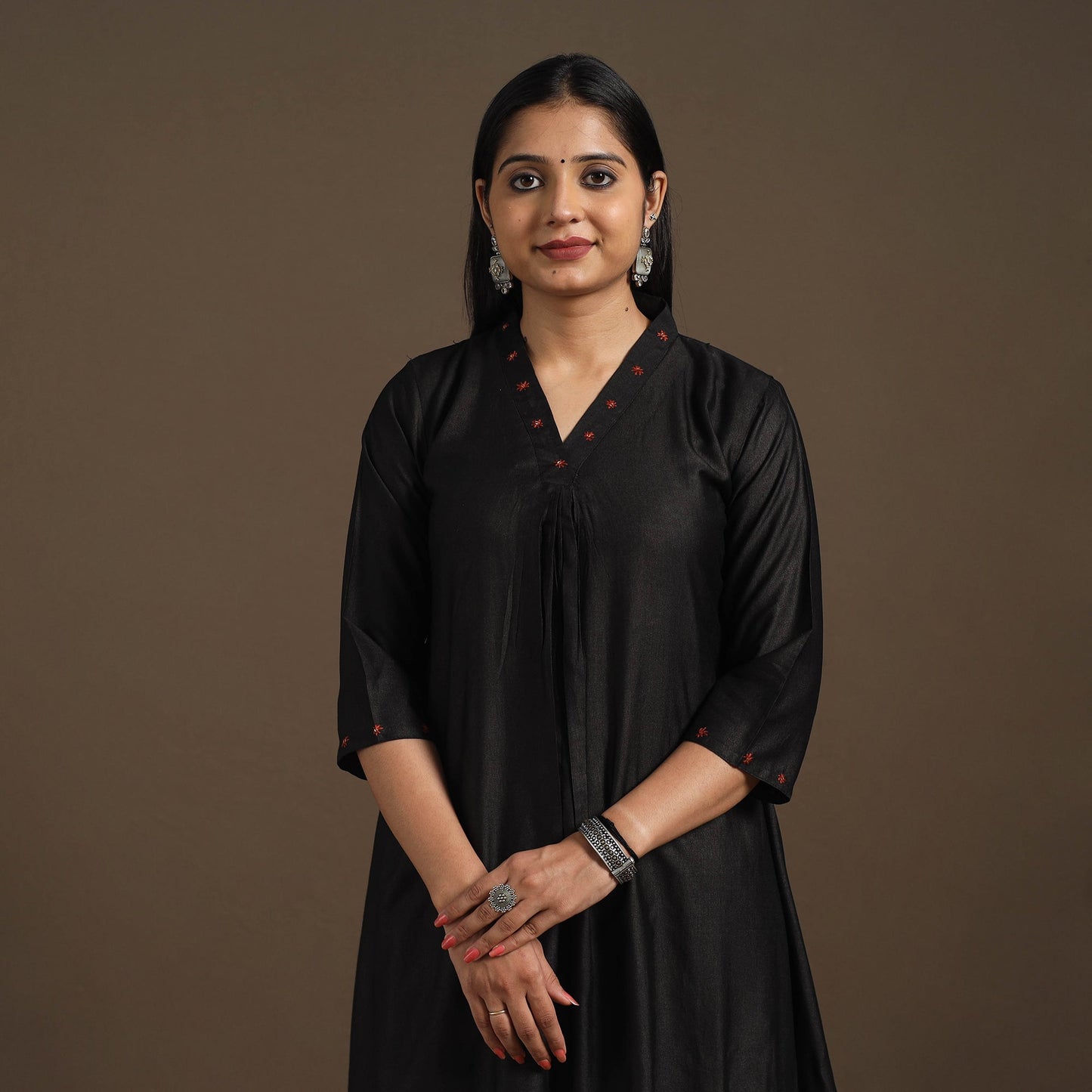 Black Tussar Silk Cotton Kurta with Fine Hand Embroidery