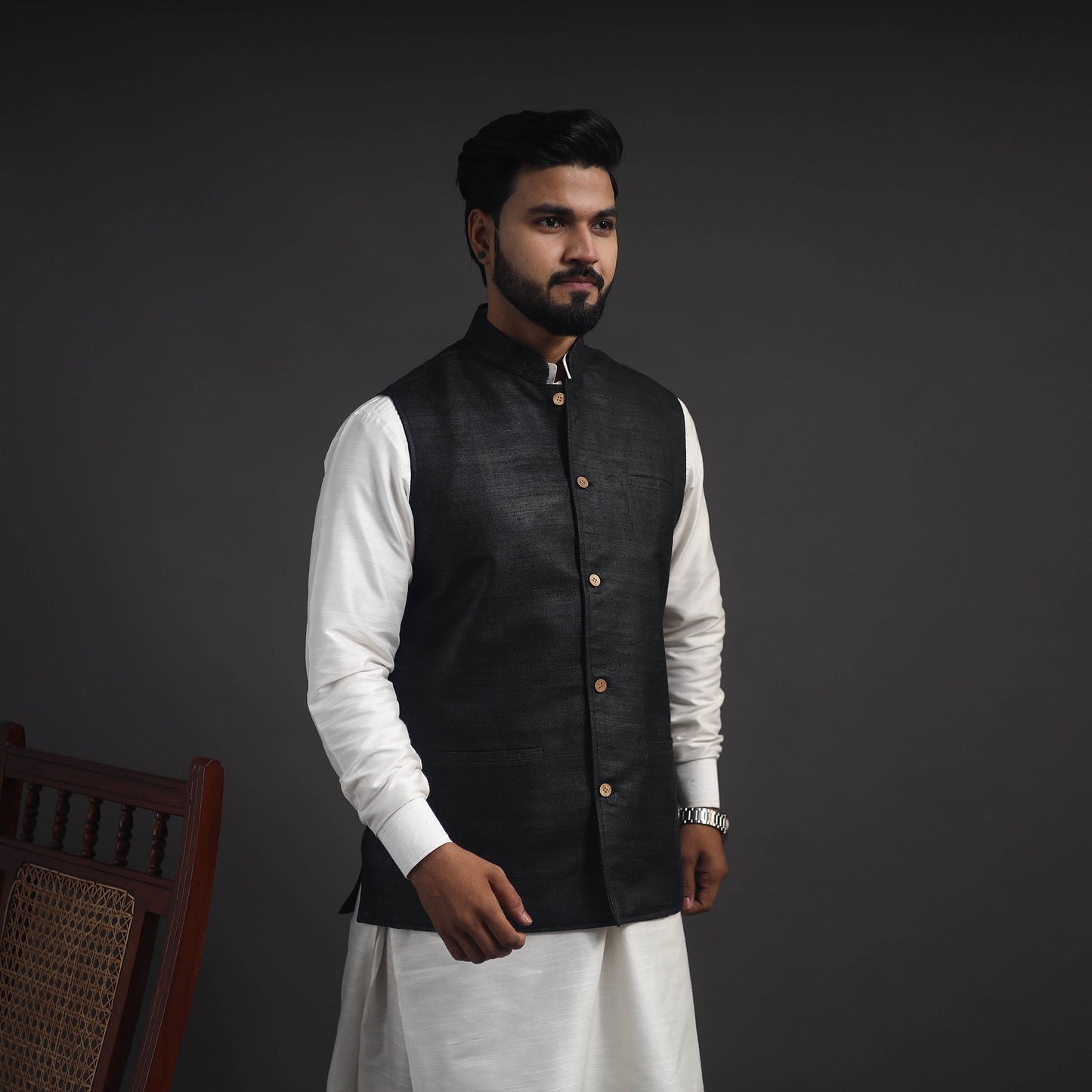 Black Vidarbha Tussar x Ghicha Silk Handloom Nehru Jacket