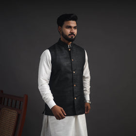 Black Vidarbha Tussar x Ghicha Silk Handloom Nehru Jacket
