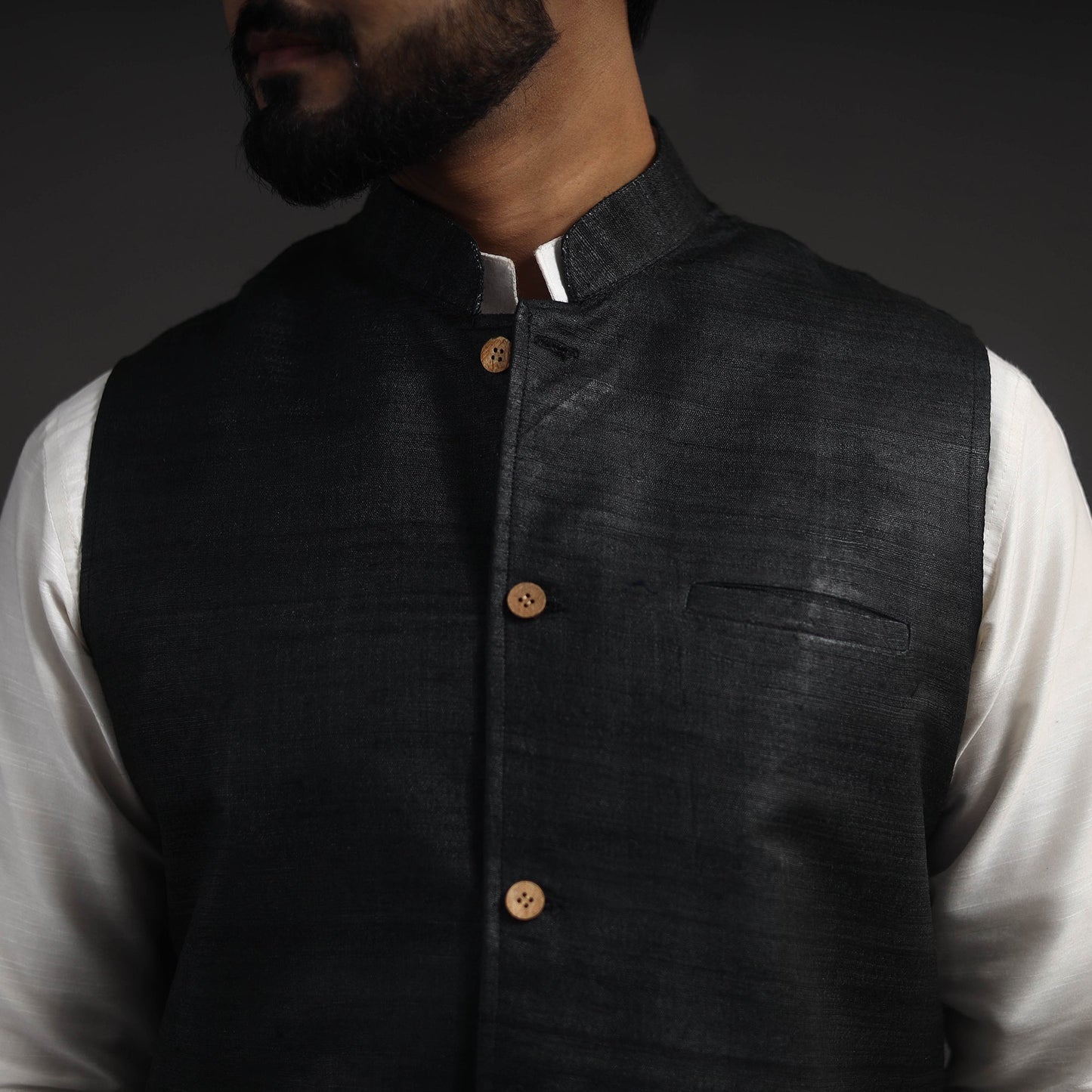 Black Vidarbha Tussar x Ghicha Silk Handloom Nehru Jacket