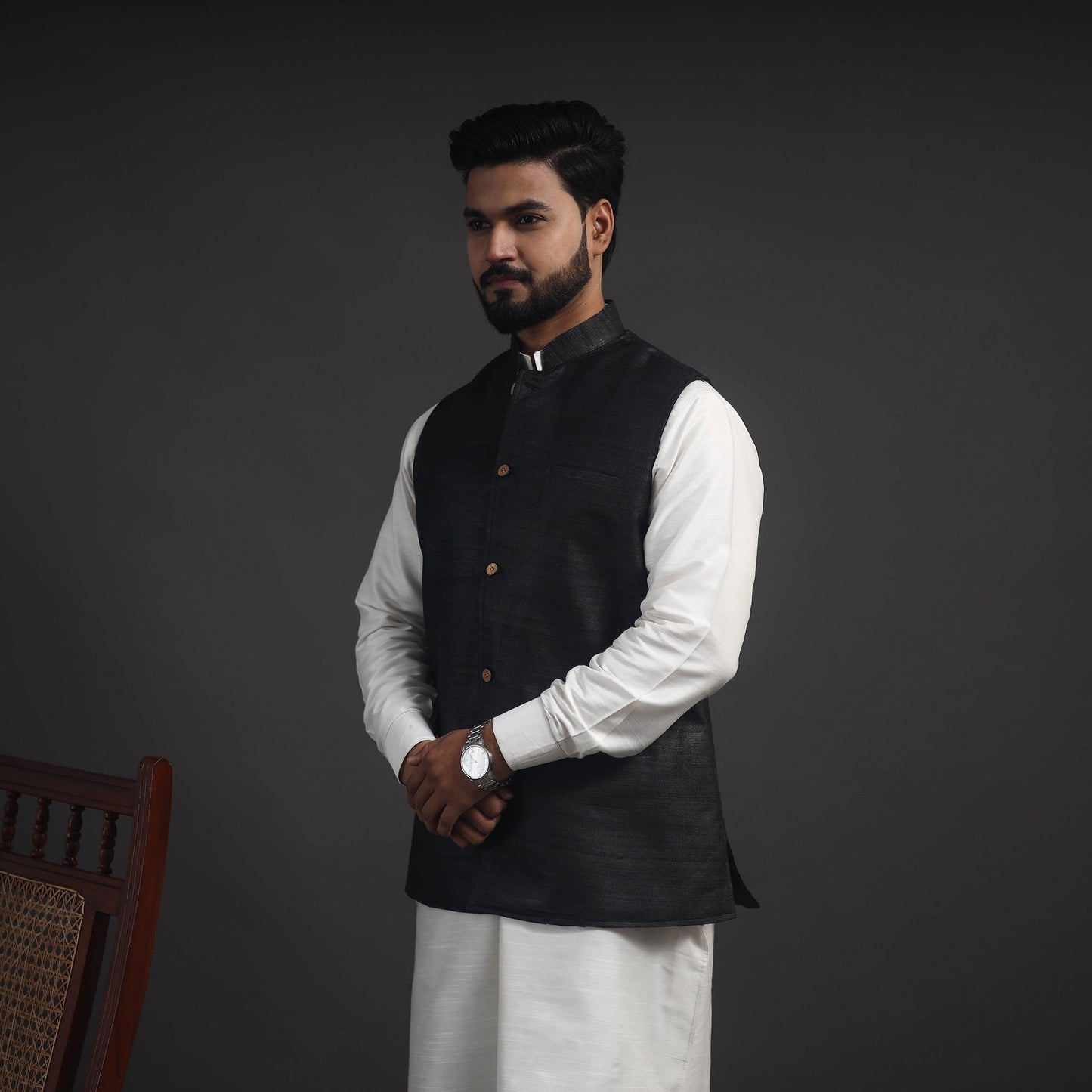 Black Vidarbha Tussar x Ghicha Silk Handloom Nehru Jacket