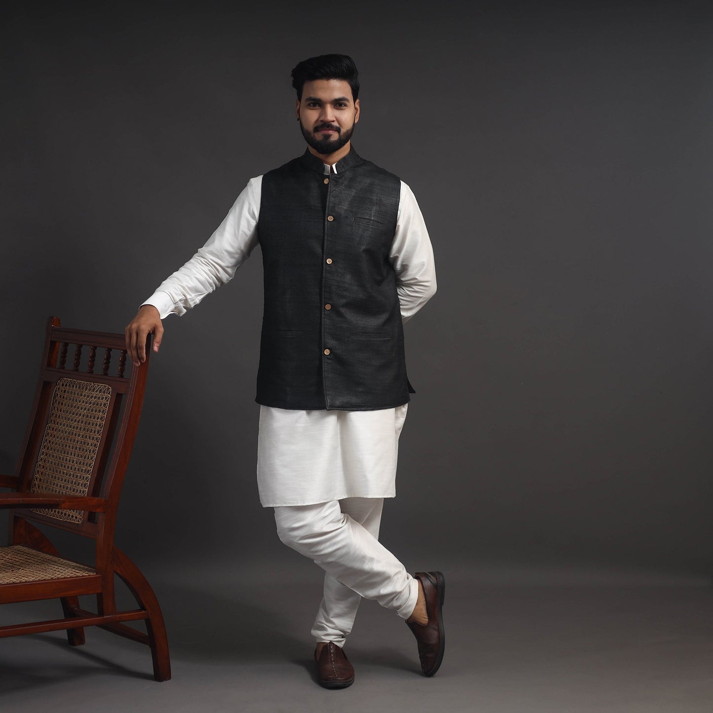Black Vidarbha Tussar x Ghicha Silk Handloom Nehru Jacket