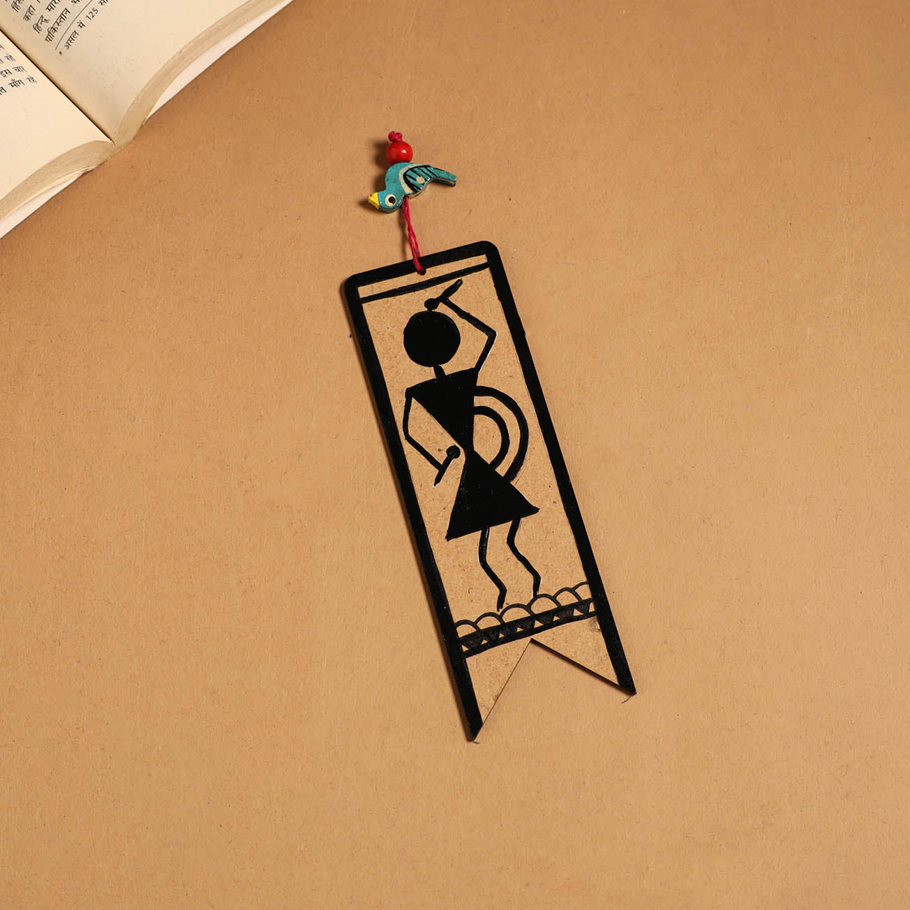 Black - warli handpainted wooden bookmark 12 - handcrafted