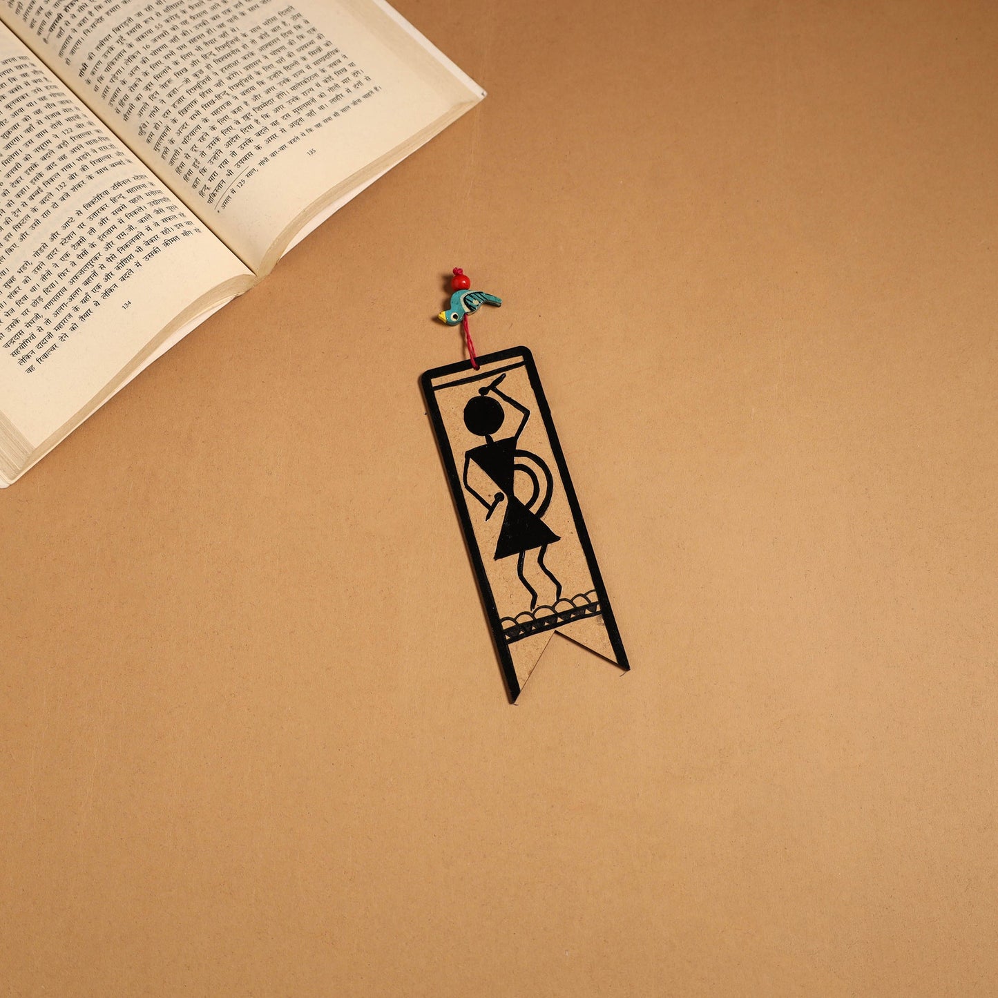 Black - warli handpainted wooden bookmark 12 - handcrafted
