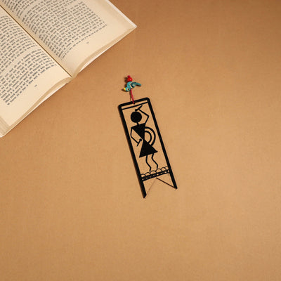 Black - warli handpainted wooden bookmark 12 - handcrafted