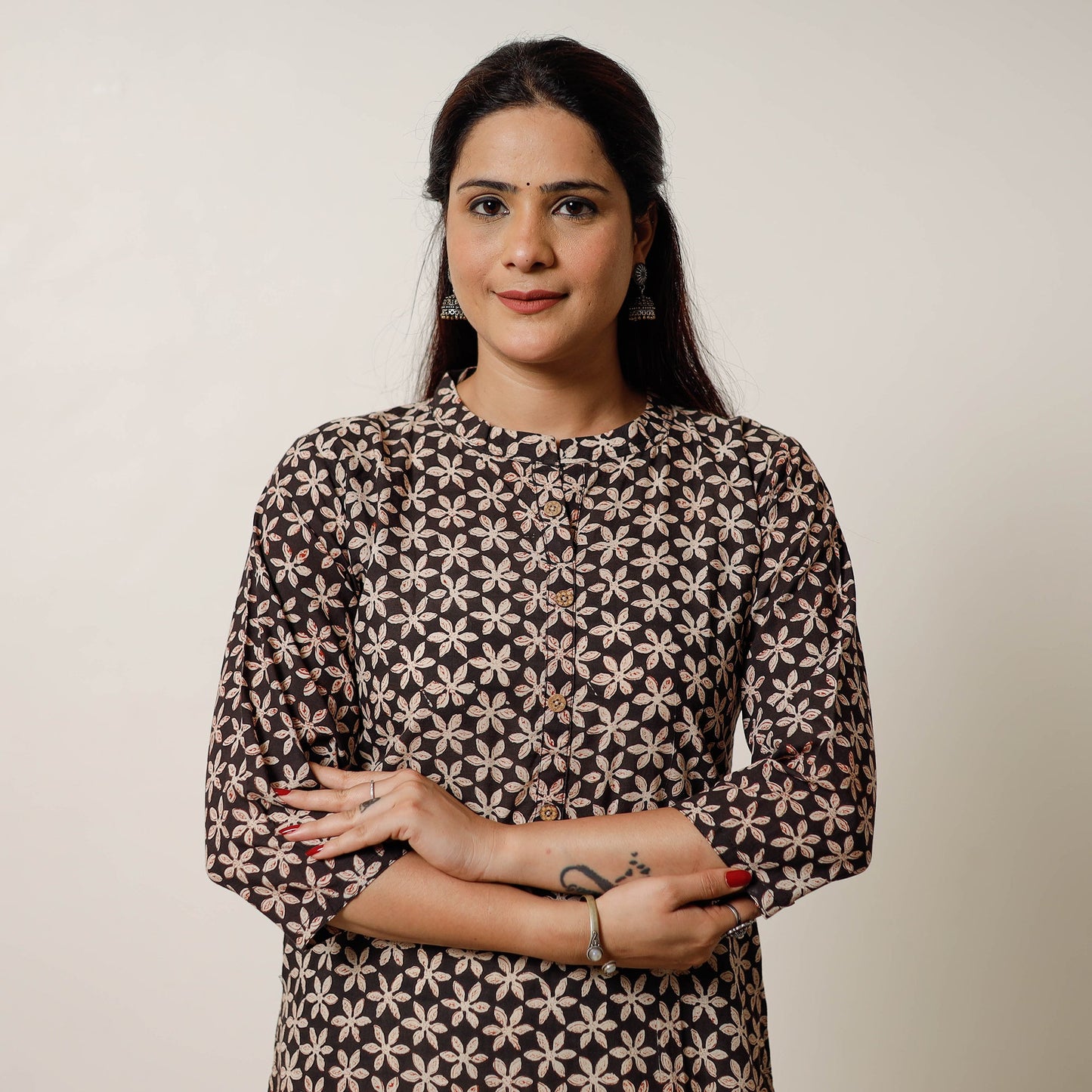 Black & white champa floral buta bagru hand printed cotton